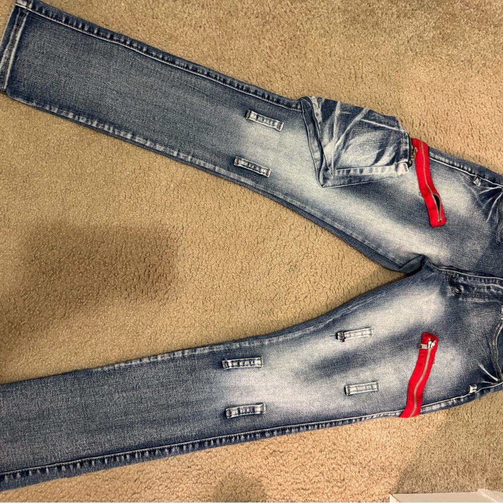 Blind Trust Blue Jeans with Red Accents